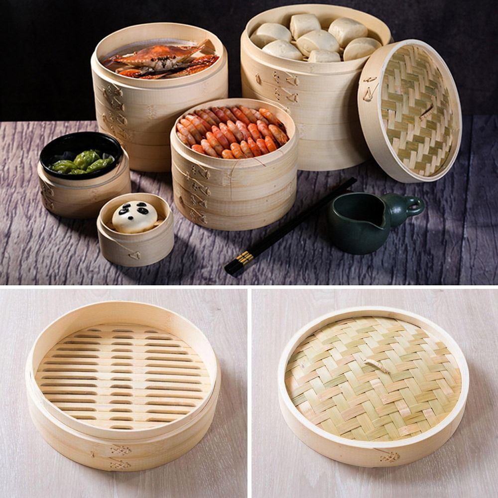 Bao Steamer Bamboo - Chinesischer Dampfgarer, Bambus-Dampfgarer mit Deckel, Dimsum-Kochen,
